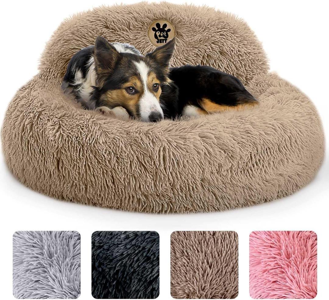 PetJett Calming Medium Dog Bed - 30'' Round Dog Beds, Anti-Slip & Washable Super Soft Fluffy Plush Donut Bed, Anti-Anxiety Premium Comfort Pet Bed, Fits Dogs up to 45 lbs - Beige