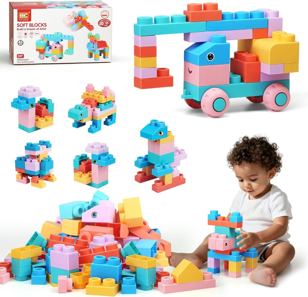 45pcs Soft Building Blocks for Toddlers - BPA-Free STEM Educational Toys Ages 18+ Months, Safe Preschool Learning Blocks for Creativity and Motor Skills Development