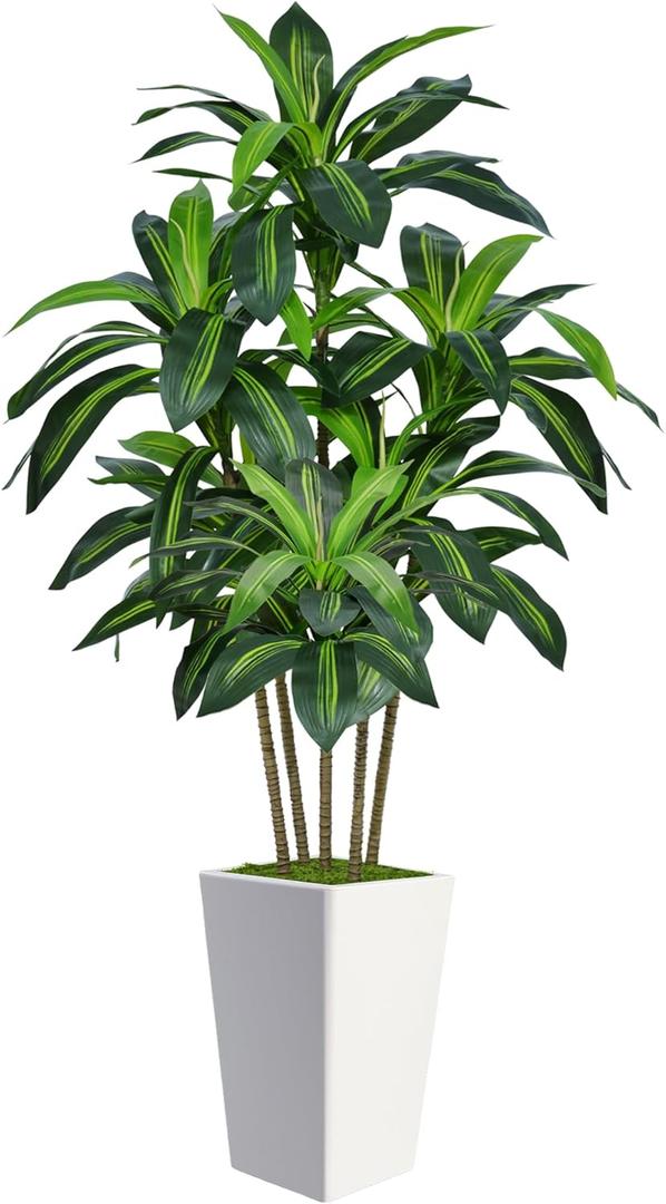 6FT Artificial Dracaena Tree, Fake Tree Indoor with White Tall Planter,Tall Artificial Plants Indoor,Artificial Silk Tree for Home Office Decor (White)