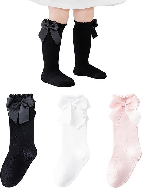 Baby Knee High Socks Toddler Cotton Long Socks,Stockings with Bow Ruffle Tube Sock, 4-6yo
