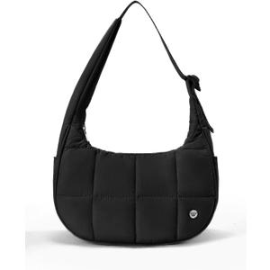 WESTBRONCO Small Puffer Crescent Shoulder Bag for Women, Nylon Quilted Shoulder Purses, Puffy Handbags with Adjustable Strap (Black)