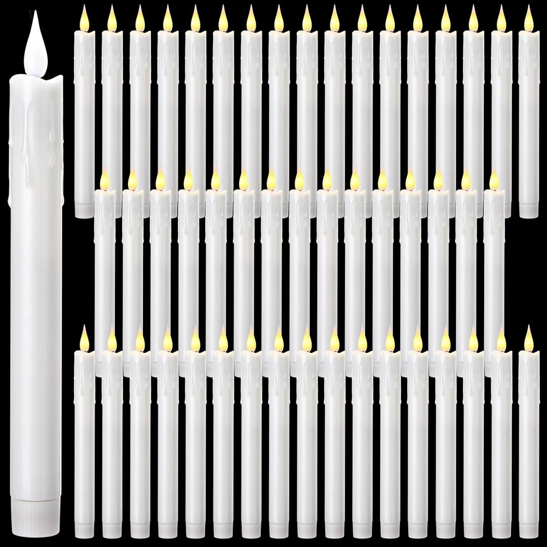 Baquler 50 Pcs 8.9 Inch White Flameless Taper Candles Dripless Battery Operated LED Flickering Candlesticks Window Candle with 3D Flickering Flame for Easter Home Wedding Church Decor