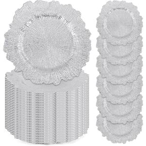 50 Pcs Silver Charger Plates Bulk, 13" Reef Plate Chargers for Dinner Plates, Plastic Floral Decorative Plates for Table Setting, Round Table Chargers for Wedding, Christmas, Party, Event, Decoration