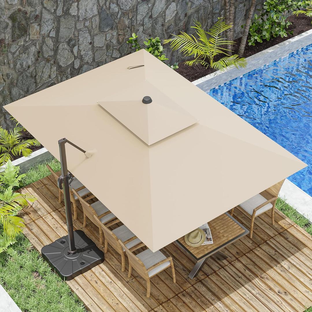 10x13FT Cantilever Outdoor Patio Umbrellas, Double Top Large Rectangle Umbrella, Heavy Duty 360 Rotation Offset Outdoor Sun Shade Umbrella for Garden Deck Pool Backyard Patio, Beige