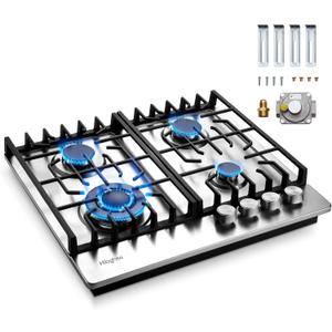 24 Inch Built-in Gas Cooktop with 4 Burner, Stainless Steel Gas Stove Top NG/LPG Convertible Propane Cooktops, Flame Out Protection