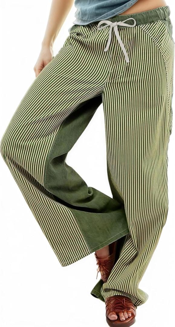 Womens Low Rise Wide Leg Striped Pants Jeans Boho Striped Drawstring Patchwork Denim Pants Trendy 2025 (Green, M)