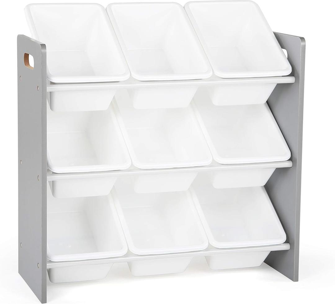 Humble Crew 9-Bin Toy Organizer  Inspire Grey with White Plastic Bins, 3-Tier Storage Solution for Kids' Playrooms and Nurseries