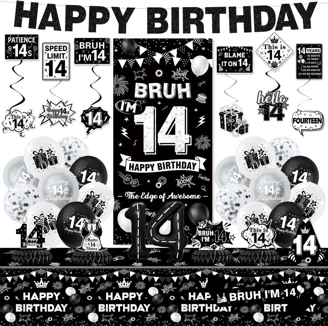14th Birthday Decorations for Boys, Black Bruh Im 14 Birthday Party Decor Supplies for 14 Year Old Boy - Backdrop, Banner, Tablecloth, Centerpieces, Hanging Swirl, Hat, Wall Signs