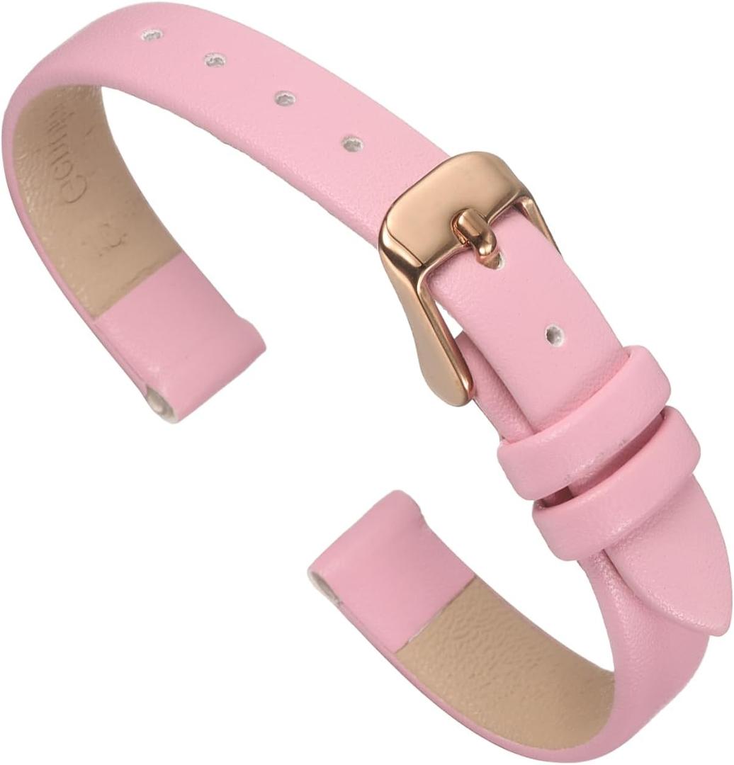 uxcell Multi-sizes Genuine Leather Band, Flat Thin Elegant Leather Watch Strap for Men and Women (10mm, Pink/Rose Gold)