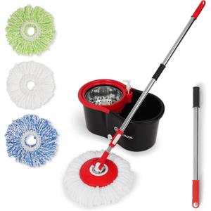 Simpli-Magic Spin Mop and Bucket with Wringer Set, 360 Spinning Mop Bucket System with 3 Microfiber Mop Replacement Heads and Stainless Steel Adjustable Handle for Floor Cleaning (Black)