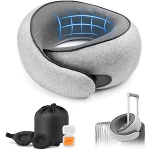 Travel Neck Pillow with 100% Pure Memory Foam, G-Shape, Includes Eye Mask & Ear Plugs, Ergonomic Design for Airplane, Car & Office, etc, Beige Gray