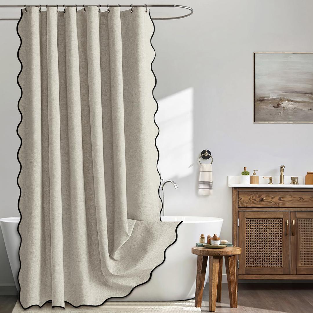 MIULEE 84" Long Scalloped Shower Curtain Linen Textured with 12 Metal Hooks Cute Extra Long Heavy Duty Washable Waterproof Cloth Shower Curtains with Black Border for Bathroom Hotel Bathtub,Linen