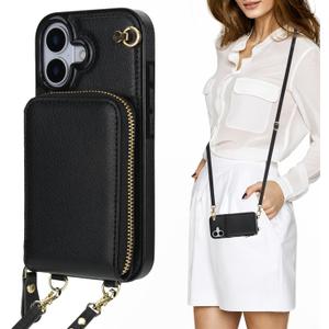 KIHUWEY Crossbody Wallet Case for iPhone 17, Zipper Pocket Case with Card Holder, PU Leather RFID Blocking Protective Cover Case with Kickstand Detachable Wrist Strap Lanyard 6.3" (Black)