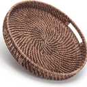 Round Rattan Woven Serving Tray with Handles Ottoman Tray for Breakfast, Drinks, Snack for Coffee Table, Home Decorative (11"x1.6", Honey Brown)