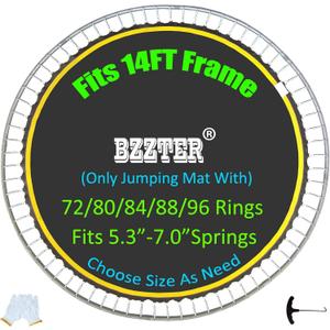 Trampoline Replacement Mat,Fits 14ft Round Frame,with 72 80 84 88 96 Rings for Choose,Fits 5.3-7 Inch Springs,10 Rows of Stitching,w/Pull Hook and Gloves,14ft Trampoline Mat