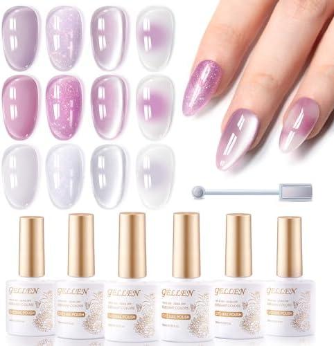 GELLEN Purple Gel Nail Polish Set, 12PCS Jelly Purple Lavender Gel Polish Set Beige Gra, Glitter U V Gel Nail Polish Kit, Include Clear Cat Eye Gel Polish Blooming