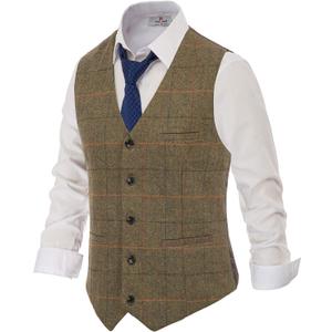 PJ PAUL JONES Men's Herringbone Tweed Suit Vest Casual Wool Blend Waistcoat