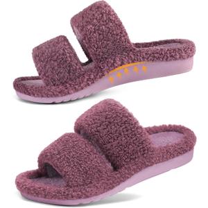 Litfun Women's Fuzzy House Slippers with Moderate Arch Support Open Toe Cozy Bedroom Shoes Indoor, 39