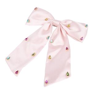 Glamorous Pastel Pink Satin Bow Hair Clip with Multi-Color Rhinestones, Pack of 4