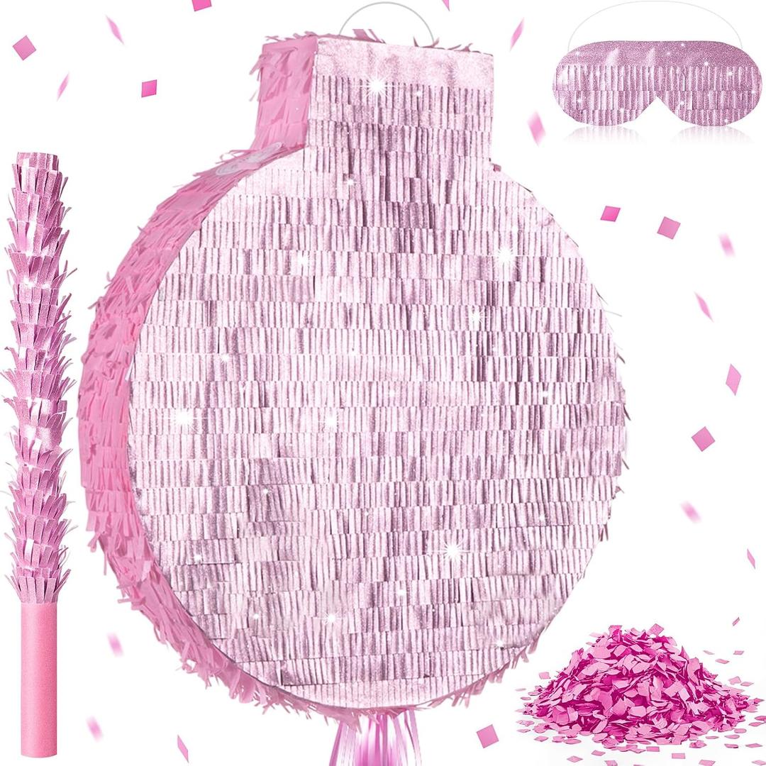 Gemscream 18 Inch Large Round Pinkpiata Kit with Stick Blindfold and Confetti Glitter Blank DIY Piata for Birthday Party Game Wedding Carnival Party Supplies