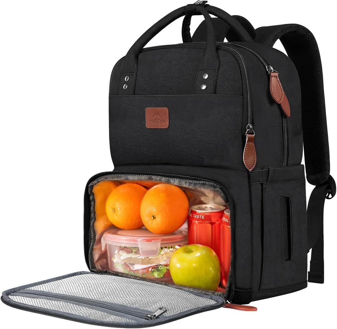 MATEIN Work Backpack for Women, Insulated Cooler Backpacks with Lunch Box, 15.6 Inch Laptop Backpack with Lunch Compartment Reusable Water Resistant Food Bag for College Camping Picnics Womens Gifts (Black)