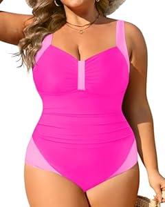 Tempt Me Pink Women Plus Size One Piece Swimsuits - Tummy Control Bathing Suits 2025 Color Block Swimwear 14W