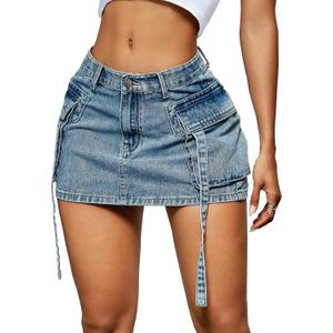 Women Cargo Skirt Denim Mini Low Waist Y2K Jean Skirts with Pockets (Large, Light Wash)