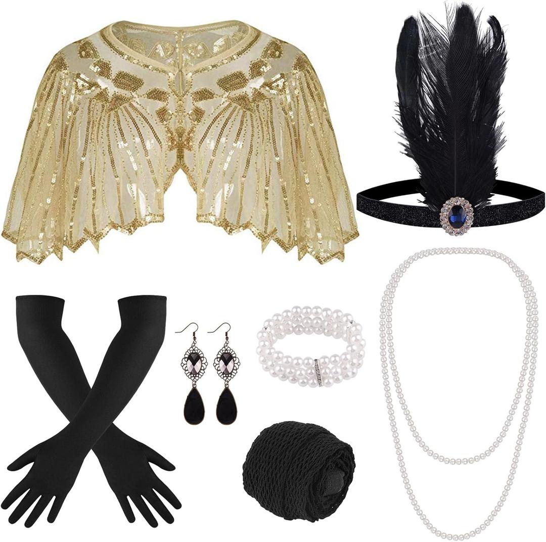 ELECLAND 10 Pieces 1920s Flapper Gatsby Accessories Set Fashion Roaring 20's Theme Set with Headband Headpiece for Women (Apricot Gold)