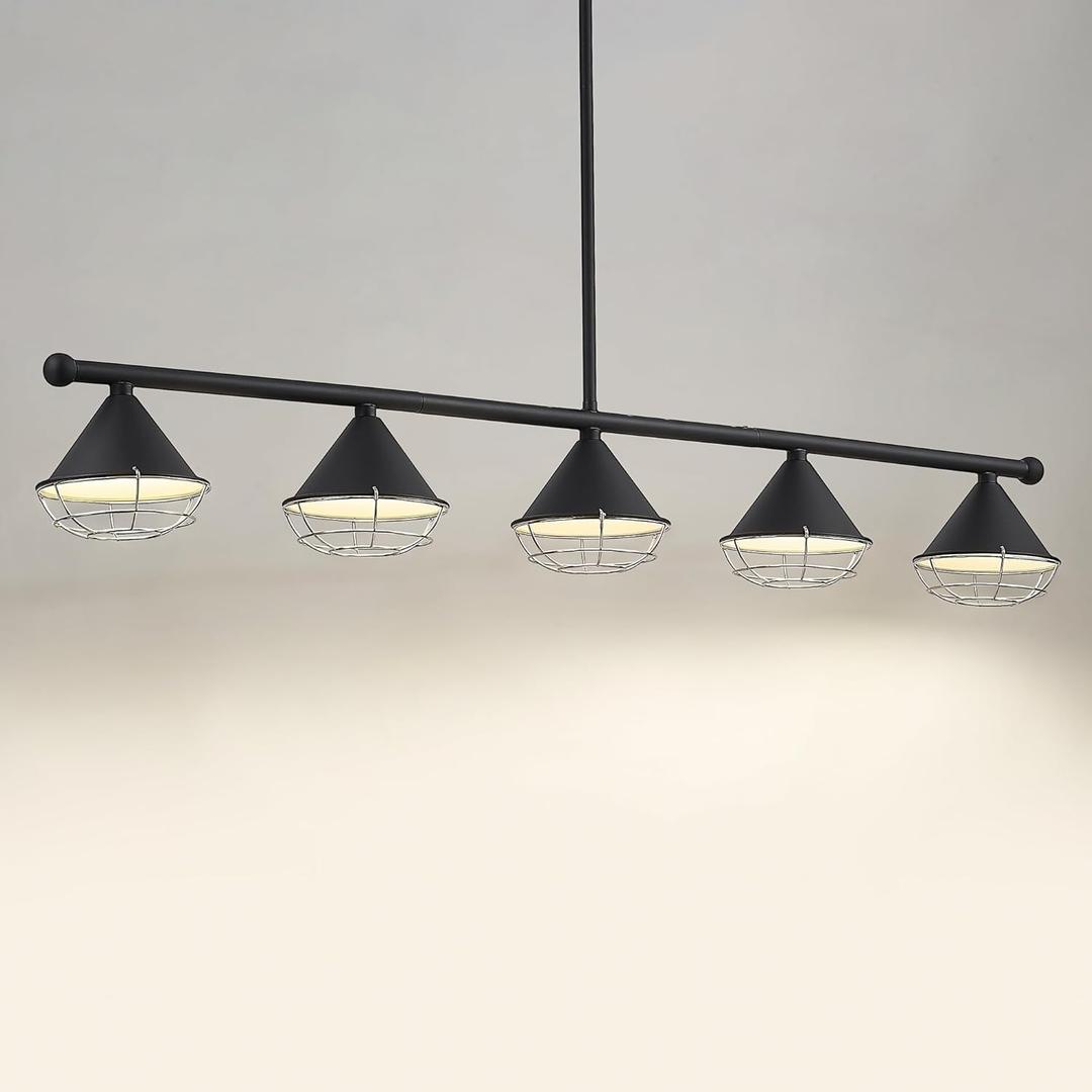 Emliviar 46" Industrial Chandelier for Kitchen Island, 5-Light LED Dimmable Pendant Light for Billiard Pool Table, 25W LED 2000LM Brightness, 5CCT Selectable, YSE278LP-5-LED BK