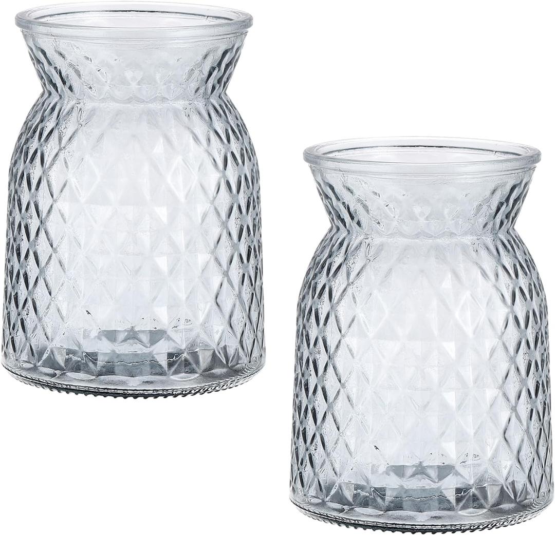 PATIKIL Clear Glass Flower Vase 4"x6",2 Pcs Large Mouth Geometric Faceted Decorative Vase for Home Office Decoration Dining Table Centerpieces Wedding Event, Grey (Gray)