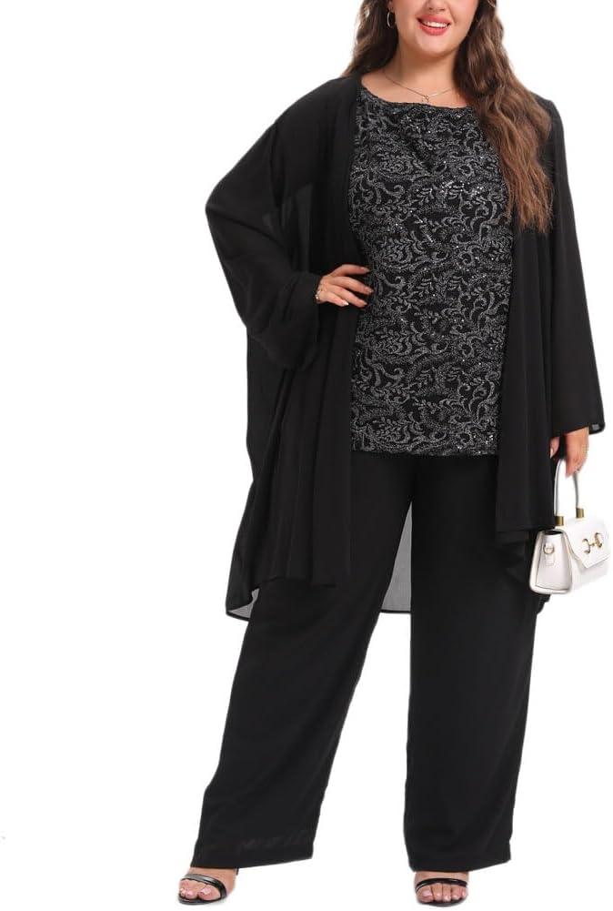 Women's Plus Size Mother of Bride Pant Suits 3 Piece Chiffon Elegant Sets Lace Wedding Guest Outfit (16, Black)