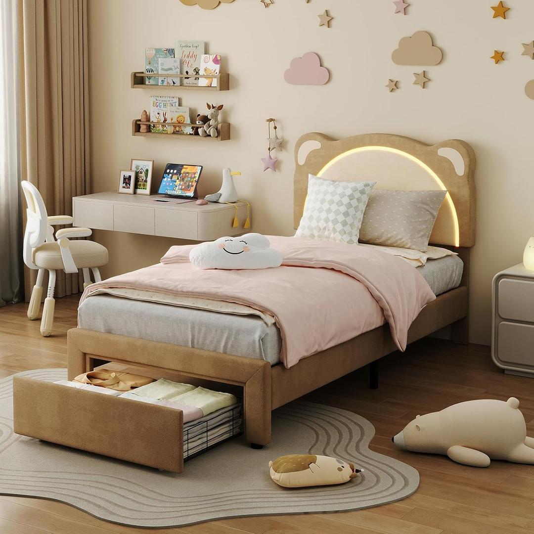 IDEALHOUSE Twin Size Bed Frame for Kids with LED Lights, Storage Drawers & Adjustable Headboard, Cute Bear Design, Soft Velvet Fabric, Solid Wood Slat Support, Noise-Free, Easy Assembly, Brown