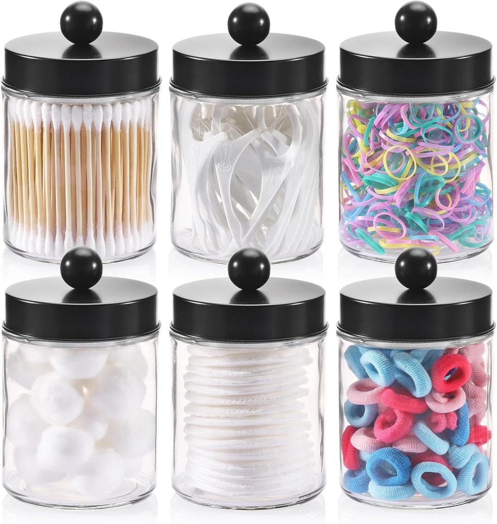 Tbestmax 6 Pack Glass Qtip Holder 10-Ounce Bathroom Containers Apothecary Jars with Metal Lids for Cotton Ball Swab Pad - Black
