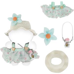 6 x Doll Clothes Set, Kawaii Outfits for 17cm Plush Dolls Accessories Supplies Summer Dress Fashion Cute Skirt Clothing with Straw Hat Water Bottle for Display & Collectors
