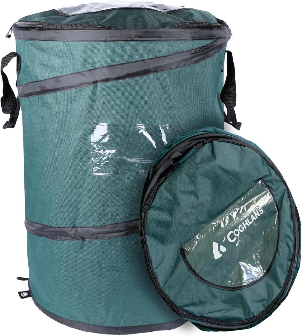 Coghlan's Deluxe Durable Pop-Up Trash Can Collapsible Garbage Bin with Zippered Lid, Bag Clips, and Anchoring Points for Camping, Home, and Outdoor Use 29.5 Gallon