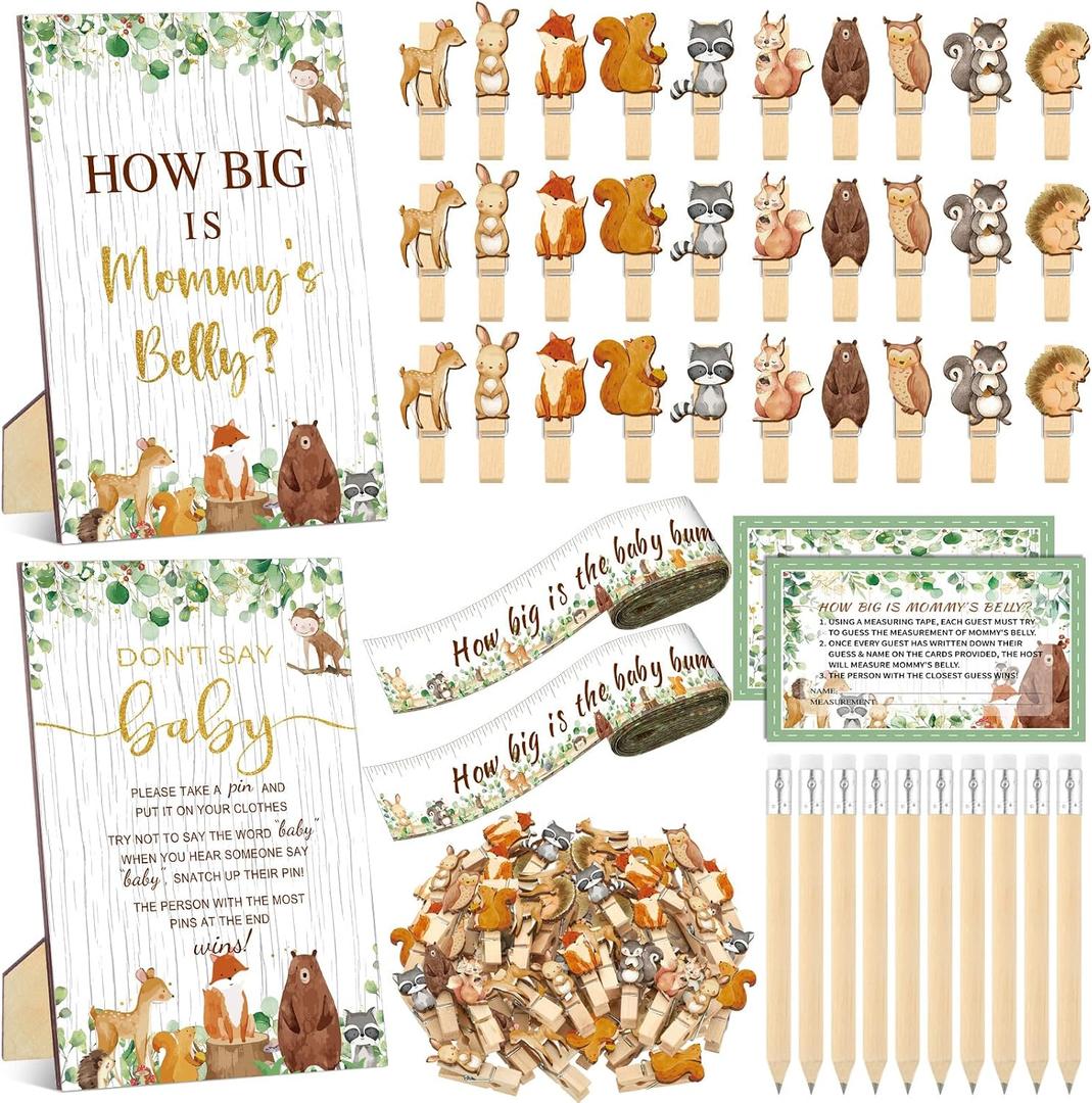 Wonderjune 114 Pcs Baby Shower Decorations How Big Is Mom's Belly Don't Say Sign Measure Bump Game for 50 Guest Tummy Measure Rolls Pencils Clothespins for Gender Reveal Party Supply(Woodland Animal)
