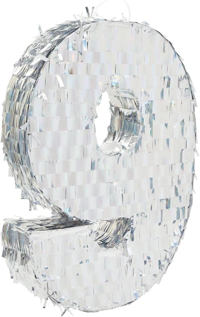 BLUE PANDA Number 9 Pinata - 15.7 x 9 x 3 In, Holographic Silver Foil - 9th Birthday Party Pinata for Kids & Candy Holder