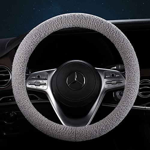 HighnessHwoo Furry Winter Car Steering Wheel Cover for Women, Soft Fleece Plush Warm Universal Auto Accessories for Jeep, Truck, Van, F150, Fuzzy, Anti Slip, Gray, Large Size, 15.2-16in