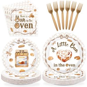 96Pcs A Bun in the Oven Baby Shower Decorations Brown Bread Plates and Napkins Baking Theme Gender Reveal Decorations for Kids Baby Shower 1st Birthday Breakfast Brunch Themed Party Supplies Serves 24