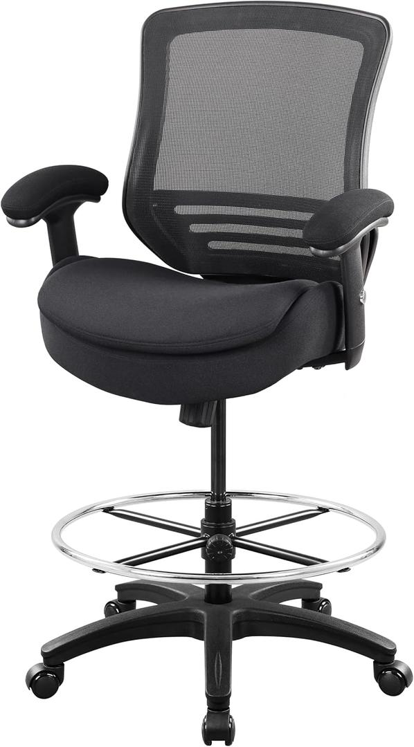 400lbs Wide Mid-Back Office Drafting Chair with Extra Seat Cushion for High Standing Desk with Lumbar Support and Enlarged Adjustable Footring-Black