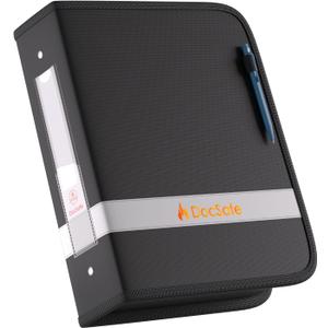 DocSafe 3 Ring Binder with Zipper,Fireproof 2 Inch Round Ring Binder with 2 Interior Pockets,PVC-Free,Portable School Office Home Safe Storage for Letter Size 8.5'' x 11'' Paper Photos Cards Black