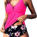 ZAFUL 2025 Swim Suits for Women Tankini Tummy Control Swimsuits Bathing Suit Two Piece Swimsuit Split Neck Bathing Suits (Pink, S)