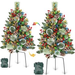 Outdoor Christmas Tree 2 Pack 33" Christmas Urn Filler with 50 Warm&Colorful Lights, Artificial Xmas Tree 8 Modes Timer,Mixed Tips Pinecones Red Berries Battery Operated for Pathway Yard Porch Planter