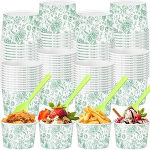 Honeydak 48 Set Floral Paper Ice Cream Cups 9 oz Disposable Treat Snack Cups with Spoons Dessert Bowls for Sundae Frozen Yogurt Soup Birthday Bridal Shower Wedding Party(Green)