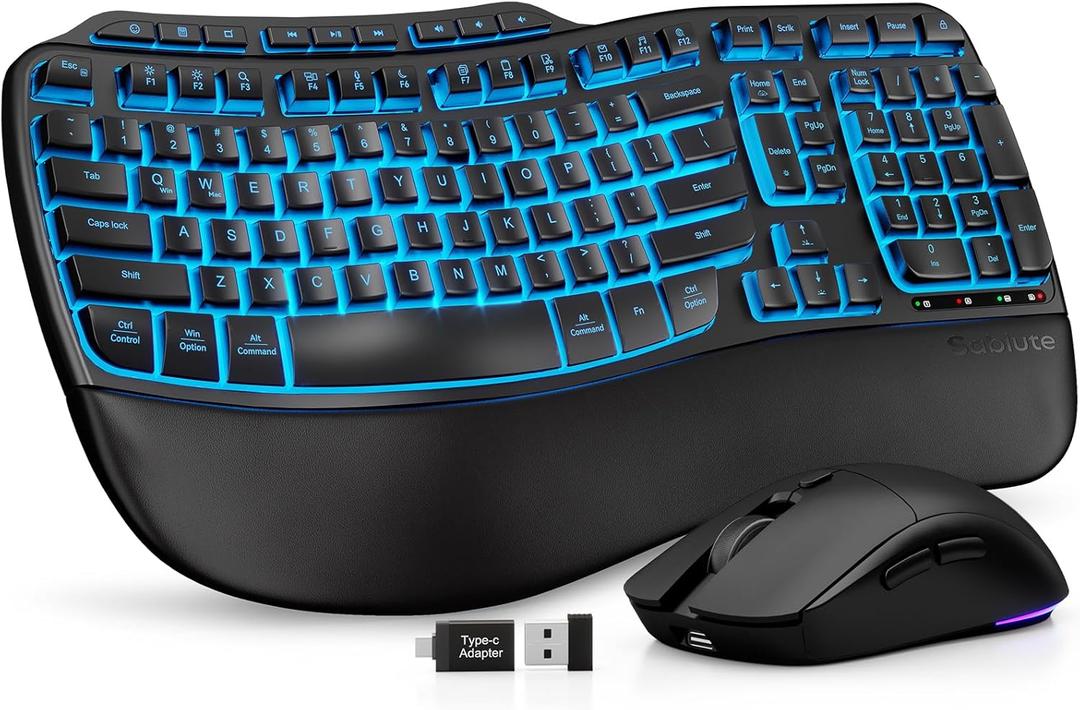 Ergonomic Wireless Keyboard and Mouse Combo, Rechargeable 4000mAh Backlit Keyboard with a Soft, Faux Lambskin Palm Rest, Wave Keys for Natural Typing, Compatible with Windows/Mac/Chromes OSSABLUTE