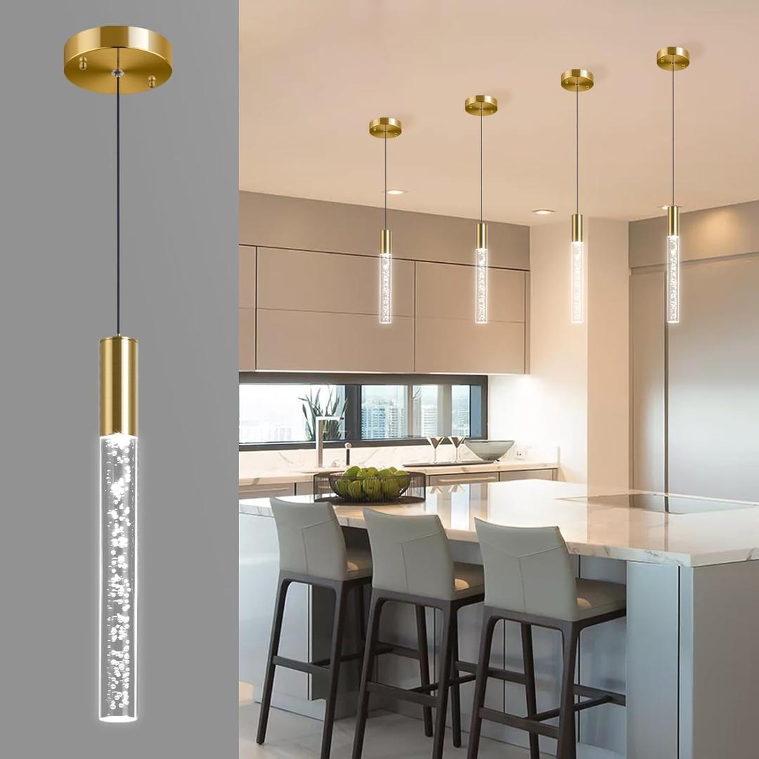 Modern Gold Pendant Light Fixture 3-Color for Kitchen Island, 1-Light LED Pendant Lighting Cord Adjustable Acrylic Ceiling Hanging Lights for Living Room Bedroom Dining Room (1 Pack)