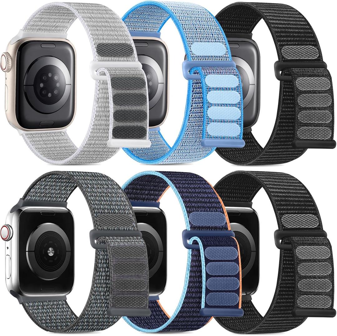 WJK Stretchy Nylon Straps Compatible with Apple Watch Bands 38mm 40mm 41mm 42mm 44mm 45mm 46mm 49mm for Women Men. Breathable Braided Band for iWatch Series 11 10 SE Ultra 9 8 7 6 5 4 3 2 1, 6 Pack