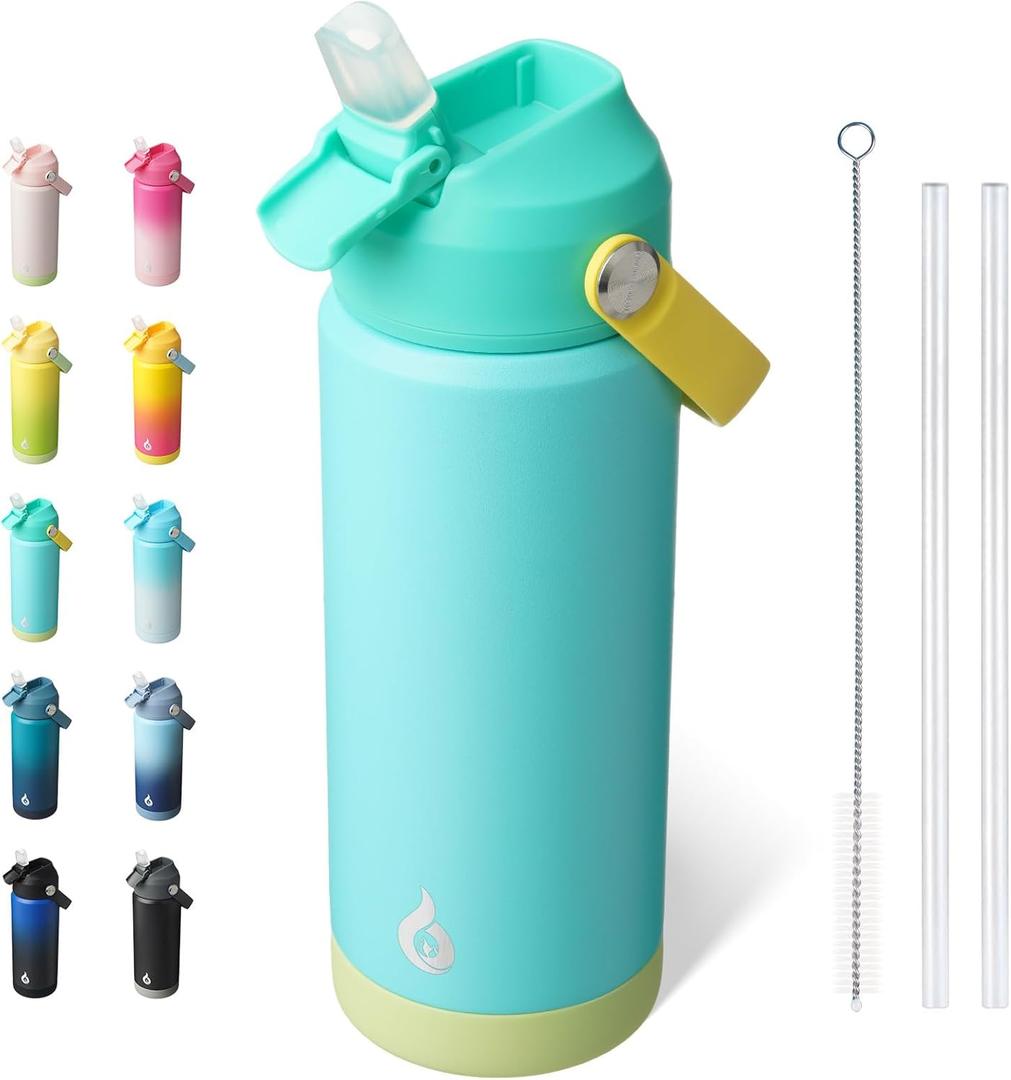 BJPKPK Insulated Water Bottle with Straw Lid, 18oz Thermos Water Bottles, Flex Handle & Non-slip Boot, BPA Free Leak Proof Stainless Steel Metal Thermos, Tumblers, Cups,Twilight Blue (18 Ounces)