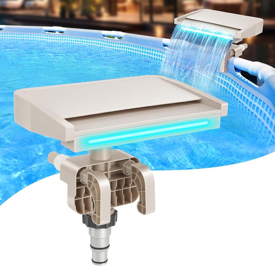 Hanaoyo LED Pool Fountain Waterfall for Above Ground Pools, 7 Different Lighting Colors, Smooth Flowing Pool Waterfall Relaxing Cascade for Outdoor Decor, Adjustable Width Fits Various Frames