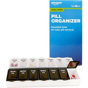 Amazon Basic Care (7-Day) AM/PM Pill Organizer, Vitamin Case, And Medicine Box, Large Compartments, 2 Times a Day, Black and Clear Lids